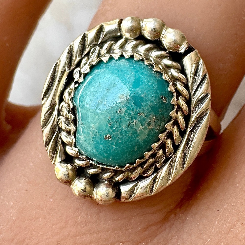 Navajo Turquoise Ring Sz 6.5 Sterling Begay Native American‎ Tooled Rope Bezel